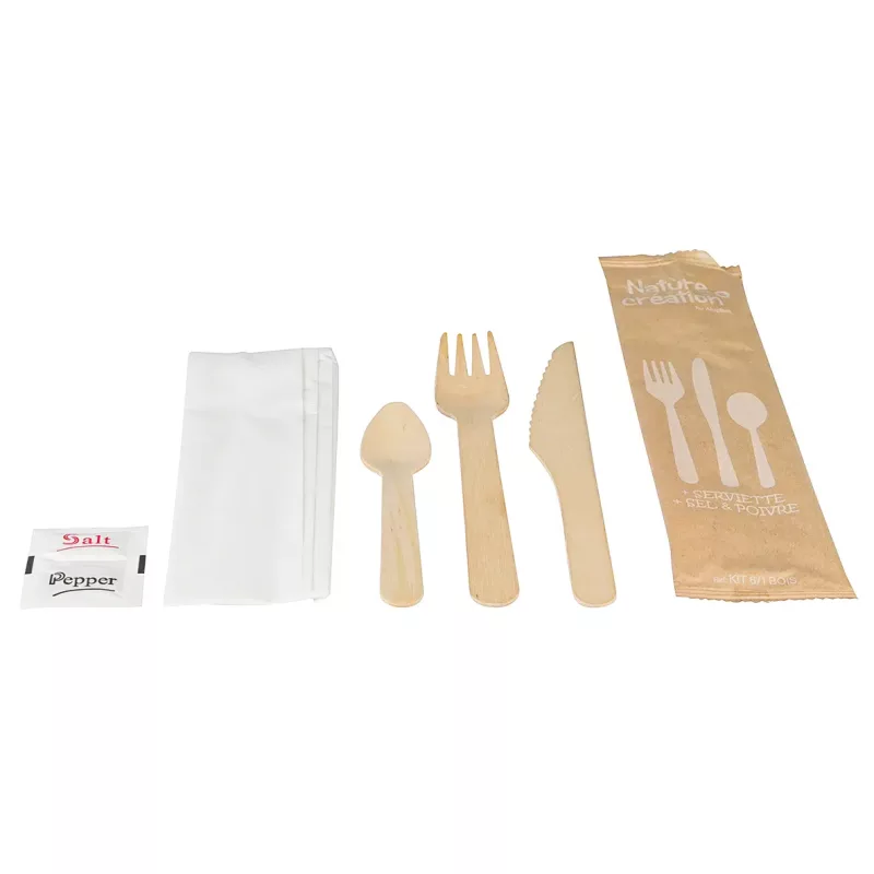 Kit couverts bois couteaux + fourchettes + serviettes + cuillères + sel + poivre par 250